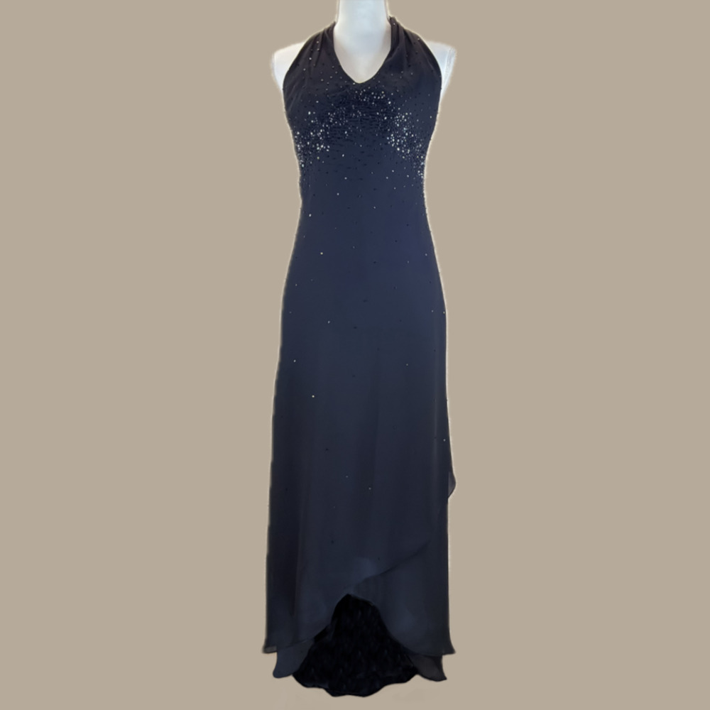 Cache Beaded Halter Maxi Dress Size 4 Black Lined Open Back 90s Evening Prom